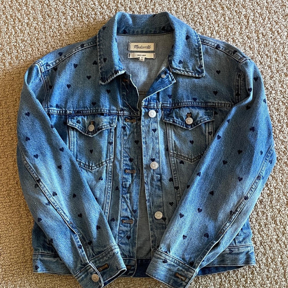Madewell Boxy Crop Jean Denim Jacket Heart Print Edition Size XS